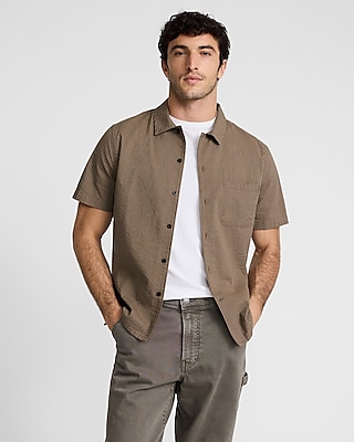 Striped Seersucker Cotton Stretch Short Sleeve Shirt