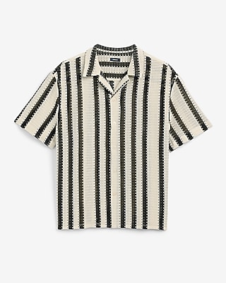 Textured Crochet Striped Cotton Short Sleeve Shirt - thumbnail 5