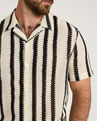 Textured Crochet Striped Cotton Short Sleeve Shirt - thumbnail 2