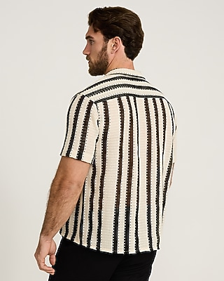 Textured Crochet Striped Cotton Short Sleeve Shirt - thumbnail 3