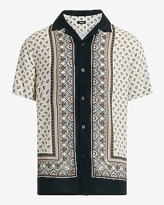 Bordered Bandana Print Rayon Short Sleeve Shirt