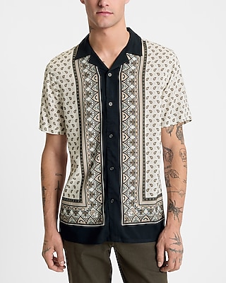 Bordered Bandana Print Rayon Short Sleeve Shirt