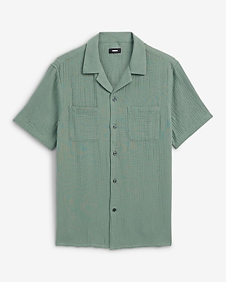 Textured Crinkle Cotton Relaxed Short Sleeve Shirt