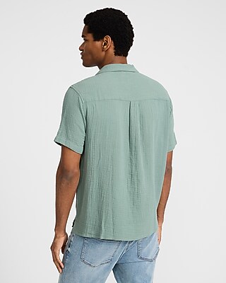 Textured Crinkle Cotton Relaxed Short Sleeve Shirt