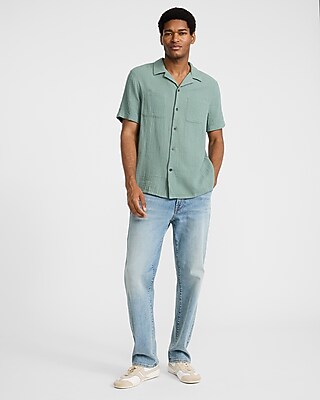 Textured Crinkle Cotton Relaxed Short Sleeve Shirt
