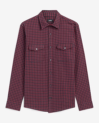 Plaid Double Button Pocket Stretch Flannel Shirt