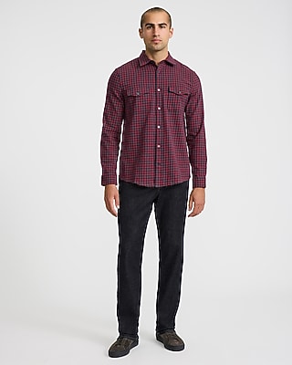 Plaid Double Button Pocket Stretch Flannel Shirt