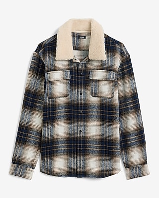 Faux Sherpa Collar Plaid Snap Button Shirt Jacket