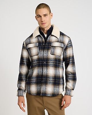 Faux Sherpa Collar Plaid Snap Button Shirt Jacket