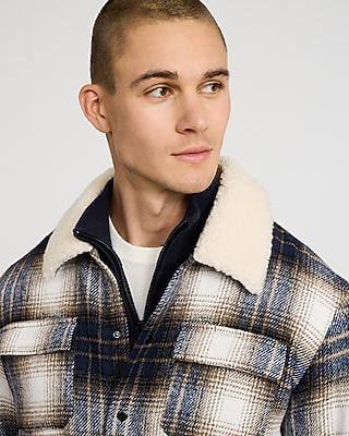 Faux Sherpa Collar Plaid Snap Button Shirt Jacket