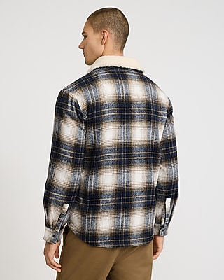 Faux Sherpa Collar Plaid Snap Button Shirt Jacket
