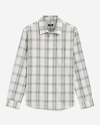 Ivory Plaid Cotton Long Sleeve Poplin Shirt