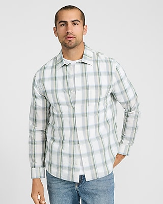Ivory Plaid Cotton Long Sleeve Poplin Shirt