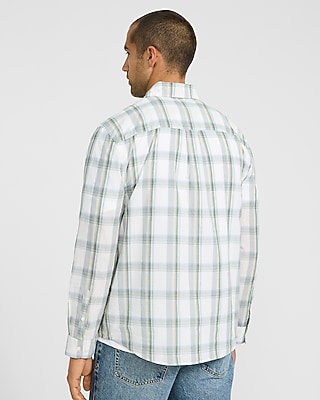 Ivory Plaid Cotton Long Sleeve Poplin Shirt