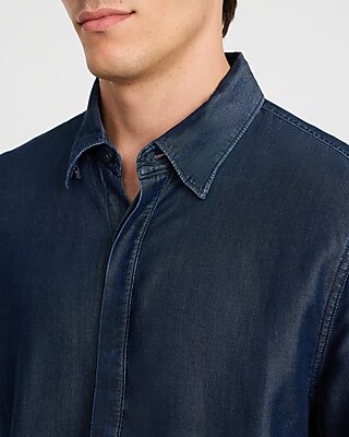 Covered Placket Long Sleeve Denim Soft Shirt - thumbnail 7