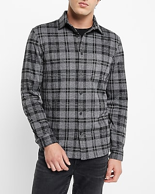 Charcoal Plaid Patch Pocket Stretch Flannel Shirt