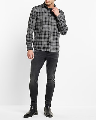 Charcoal Plaid Patch Pocket Stretch Flannel Shirt