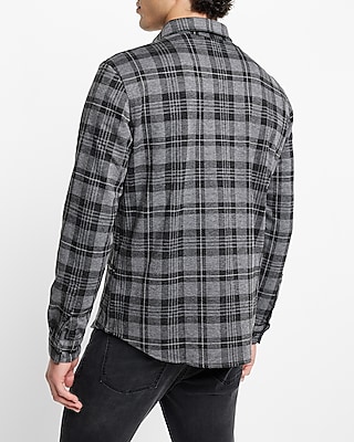 Charcoal Plaid Patch Pocket Stretch Flannel Shirt
