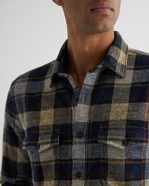 Camel Plaid Double Pocket Sweater Flannel Shirt