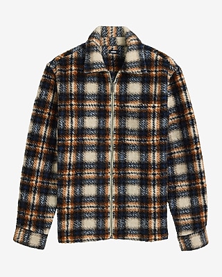Faux Sherpa Plaid Zip Shirt Jacket