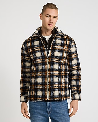 Faux Sherpa Plaid Zip Shirt Jacket