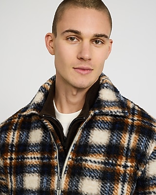 Faux Sherpa Plaid Zip Shirt Jacket