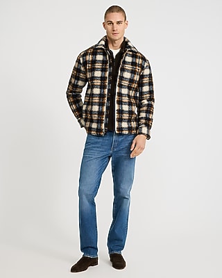 Faux Sherpa Plaid Zip Shirt Jacket