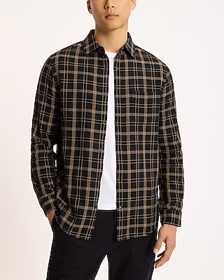 Textured Seersucker Plaid Cotton Stretch Shirt