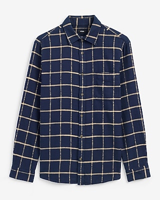 Windowpane Plaid Brushed Cotton Patch Pocket Flannel Shirt