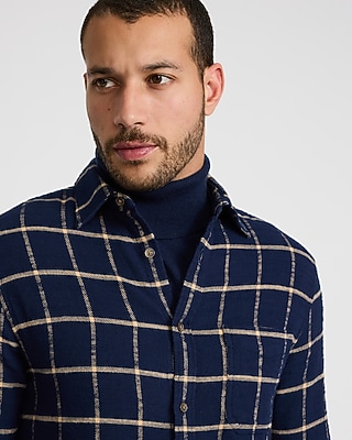 Windowpane Plaid Brushed Cotton Patch Pocket Flannel Shirt