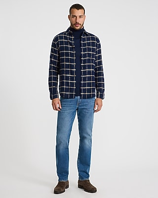 Windowpane Plaid Brushed Cotton Patch Pocket Flannel Shirt