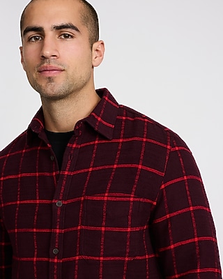 Windowpane Plaid Brushed Cotton Patch Pocket Flannel Shirt