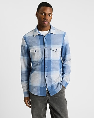 Large Plaid Double Pocket Stretch Sweater Flannel