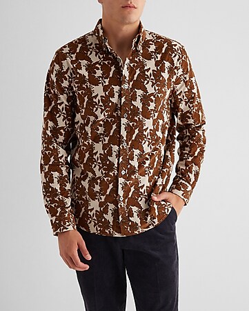 Tiger Print Shirt Mens Long Sleeve Button up Stretch Jersey 