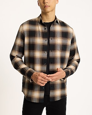 Textured Gradient Plaid Stretch Cotton Shirt