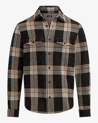 Plaid Double Pocket Stretch Sweater Flannel