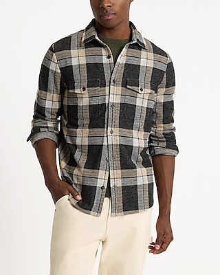 Plaid Double Pocket Stretch Sweater Flannel