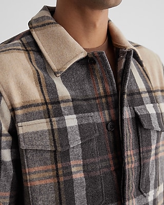 Plaid Wool-Blend Double Pocket Shirt Jacket