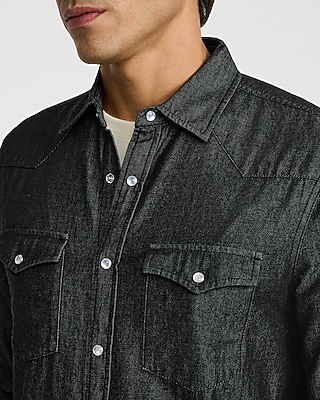 Black Wash Denim Western Double Pocket Flannel Shirt