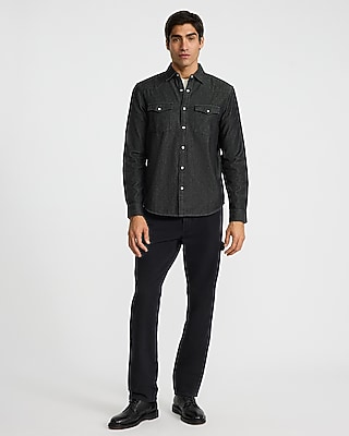 Black Wash Denim Western Double Pocket Flannel Shirt