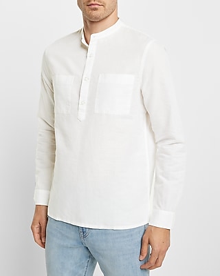 WC-LS BANDED COLLAR POPOVER QUAVO LINEN SOLID-8225:TRUE WHITE:XS