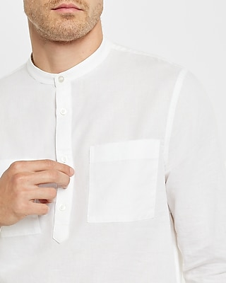 WC-LS BANDED COLLAR POPOVER QUAVO LINEN SOLID-8225:TRUE WHITE:XS
