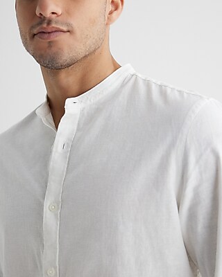 Slim Solid Stretch Linen Banded Collar 1MX Dress Shirt - image 3