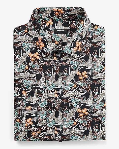 Slim Floral Crane Print Stretch 1mx Dress Shirt | Express Slim Floral Crane Print Stretch 1mx Dress Shirt | Express
