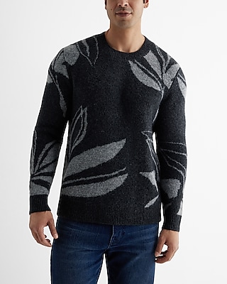 textured leaf print crew neck sweater