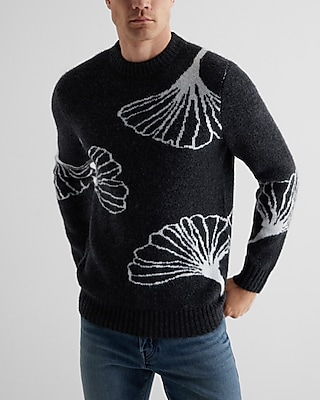 Textured Leaf Print Crew Neck Sweater