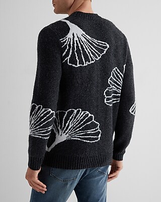 Textured Leaf Print Crew Neck Sweater
