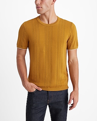 Herringbone Open Knit Cotton-Blend Short Sleeve Sweater T-Shirt