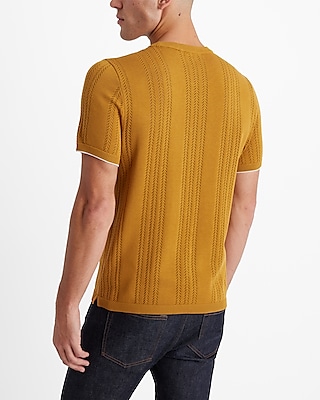 Herringbone Open Knit Cotton-Blend Short Sleeve Sweater T-Shirt