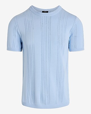 Herringbone Open Knit Cotton-Blend Short Sleeve Sweater T-Shirt